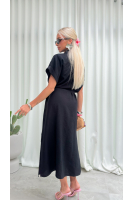 Sukienka Koszulowa Maxi Premium Wiązana w Pasie Elegancka Oversize Guziki Kieszenie - czarny